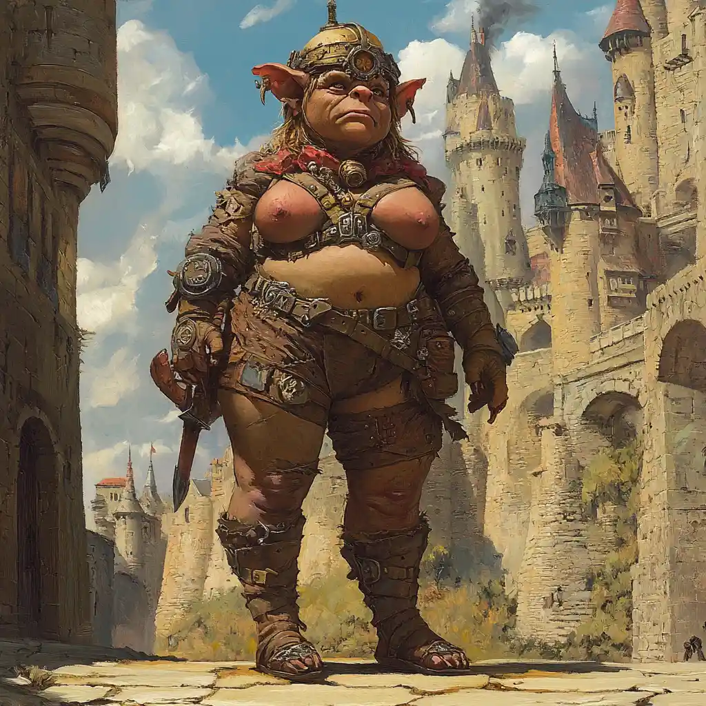 Reine troll steampunk en cuir royal devant un château de pierre