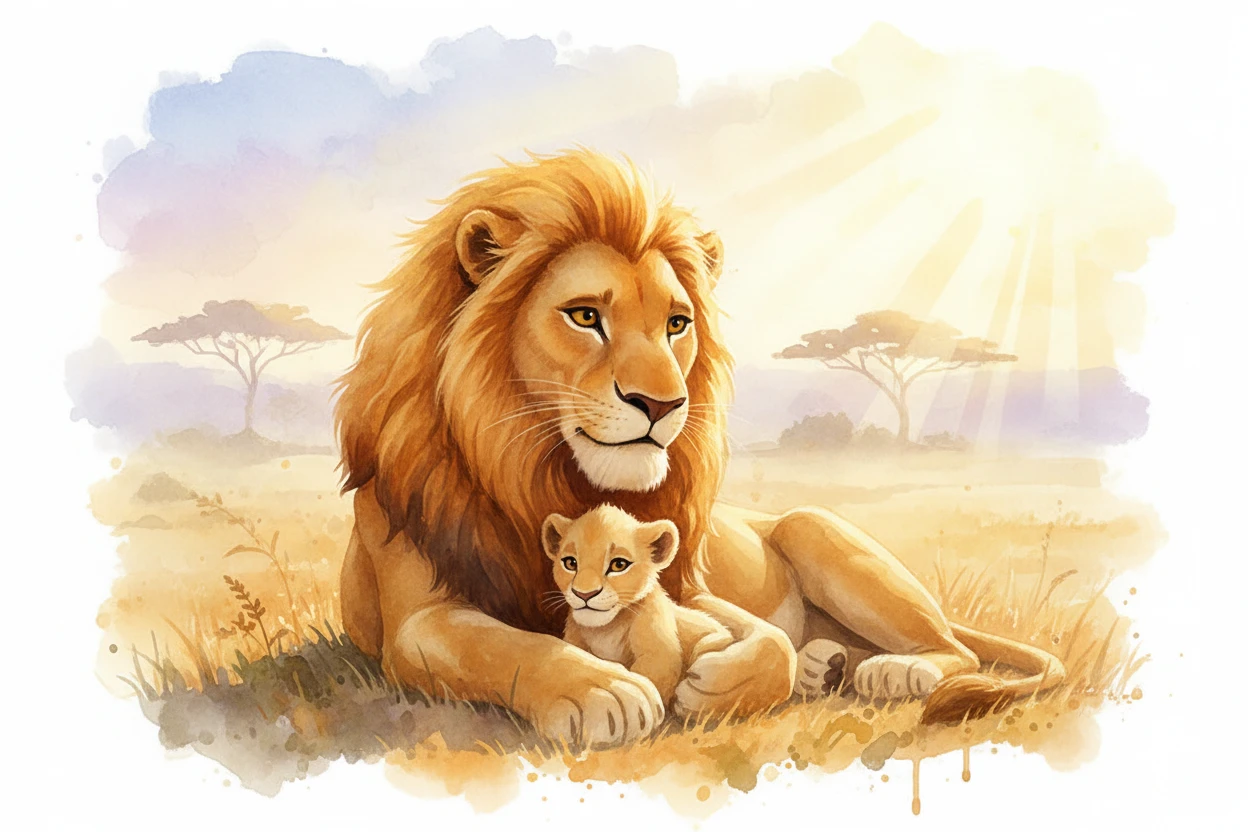 Baby lion nuzzling mother in a warm dawn savanna scene