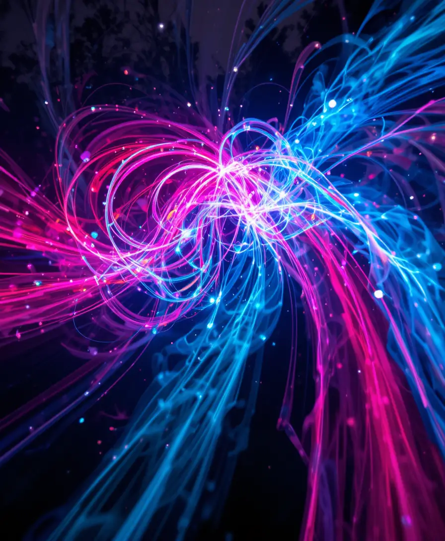 Bunte Neonlichter-Spuren, die sich im dunklen Raum drehen