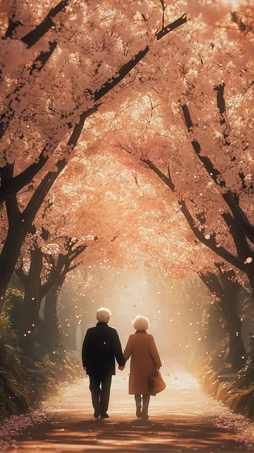 Elderly couple walking under blossoming cherry trees together