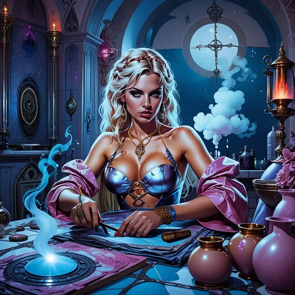 Sorcière blonde préparant des potions dans une boutique de magie médiévale et colorée