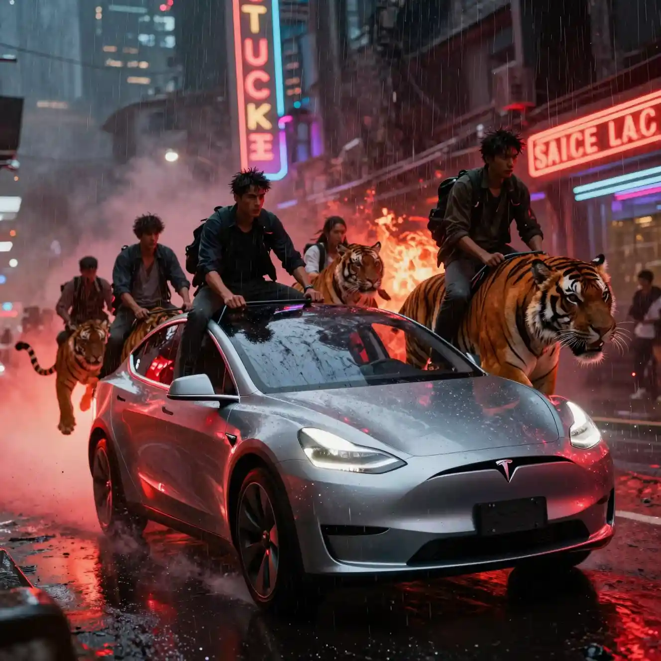 Carro futurista perseguido por cavaleiros em tigres em tempestade de néon