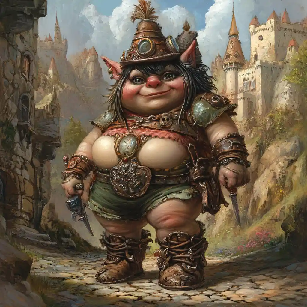 Reine troll royale devant un imposant château de pierre fantastique