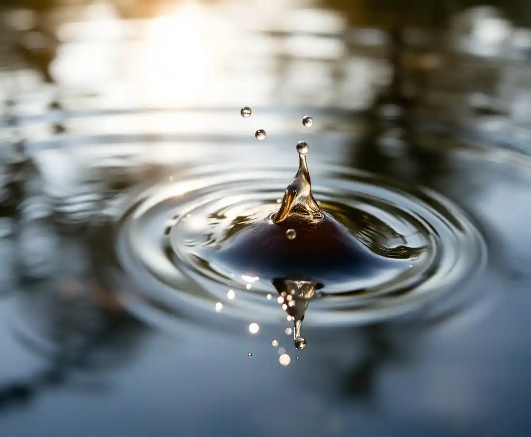 Oily Film Floating On A Quiet Pond Surface In Soft Light