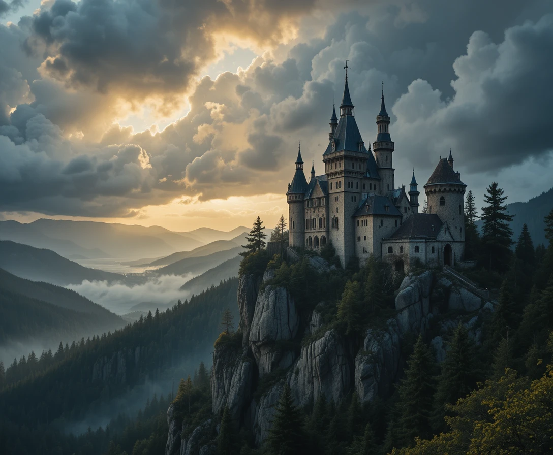 Castelo de pedra medieval em um penhasco na luz dramática do pôr do sol