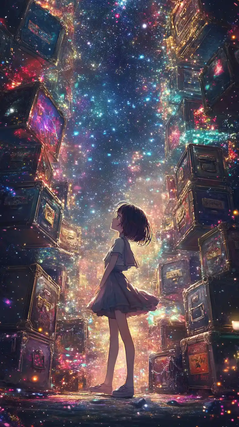 Anime girl dancing in a glowing fantasy realm of chests
