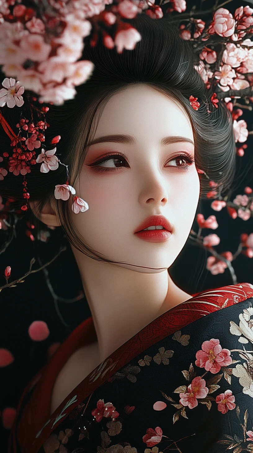 Japanische Frau im prunkvollen Kimono mit Kirschblüten im Haar
