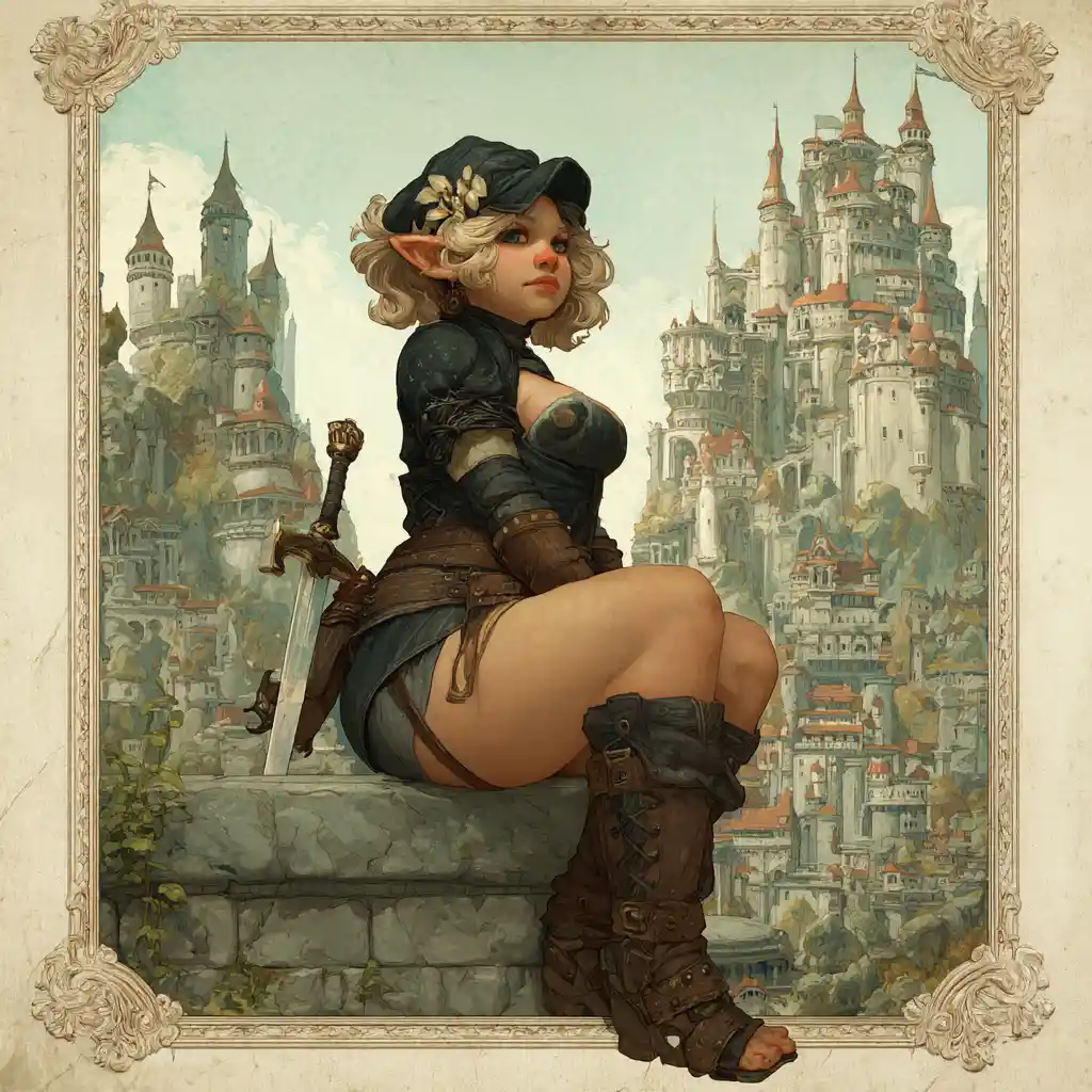 Rainha troll steampunk diante de um enorme castelo de rochas