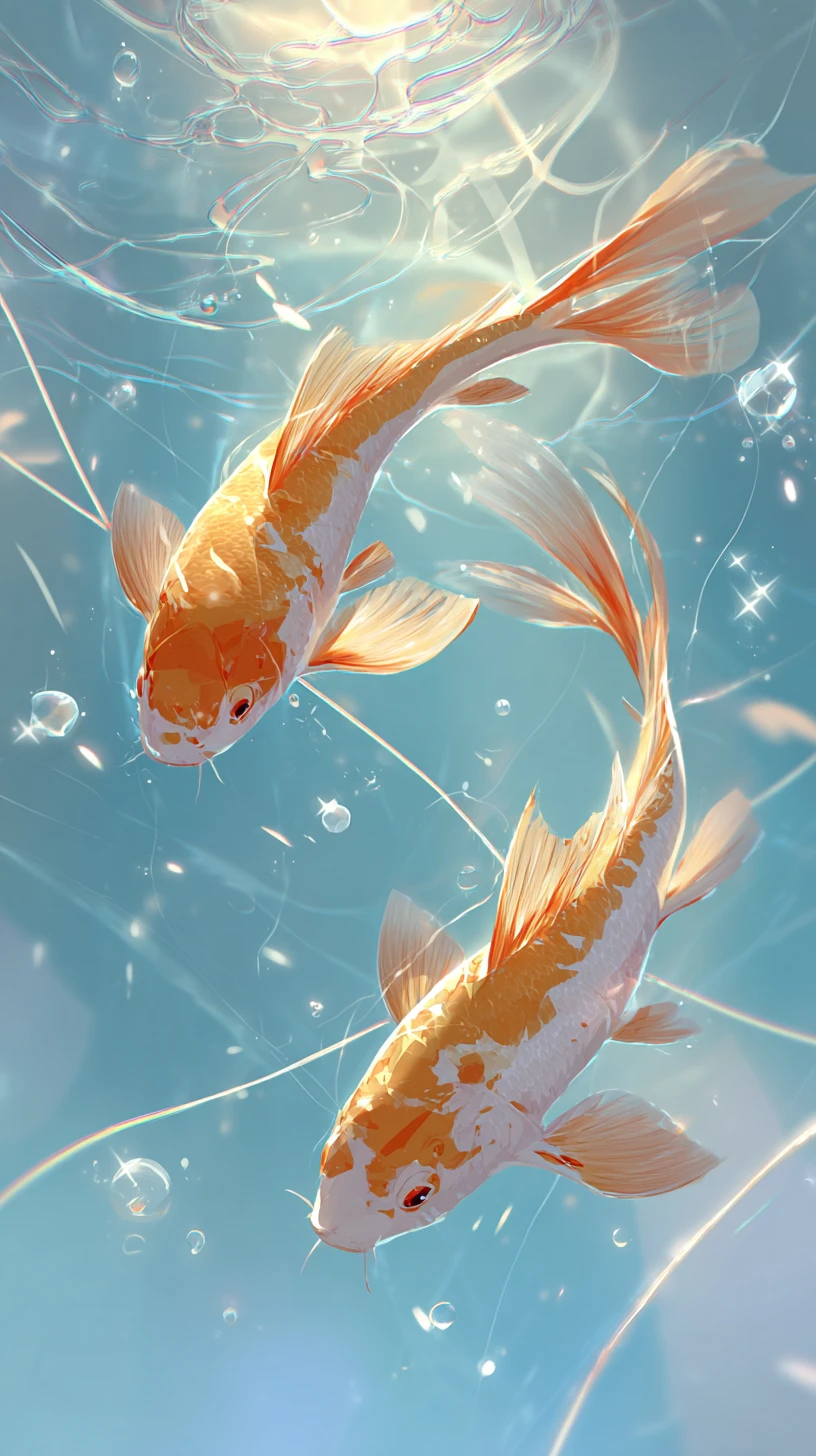 Golden koi fish swimming in a dreamy underwater sky