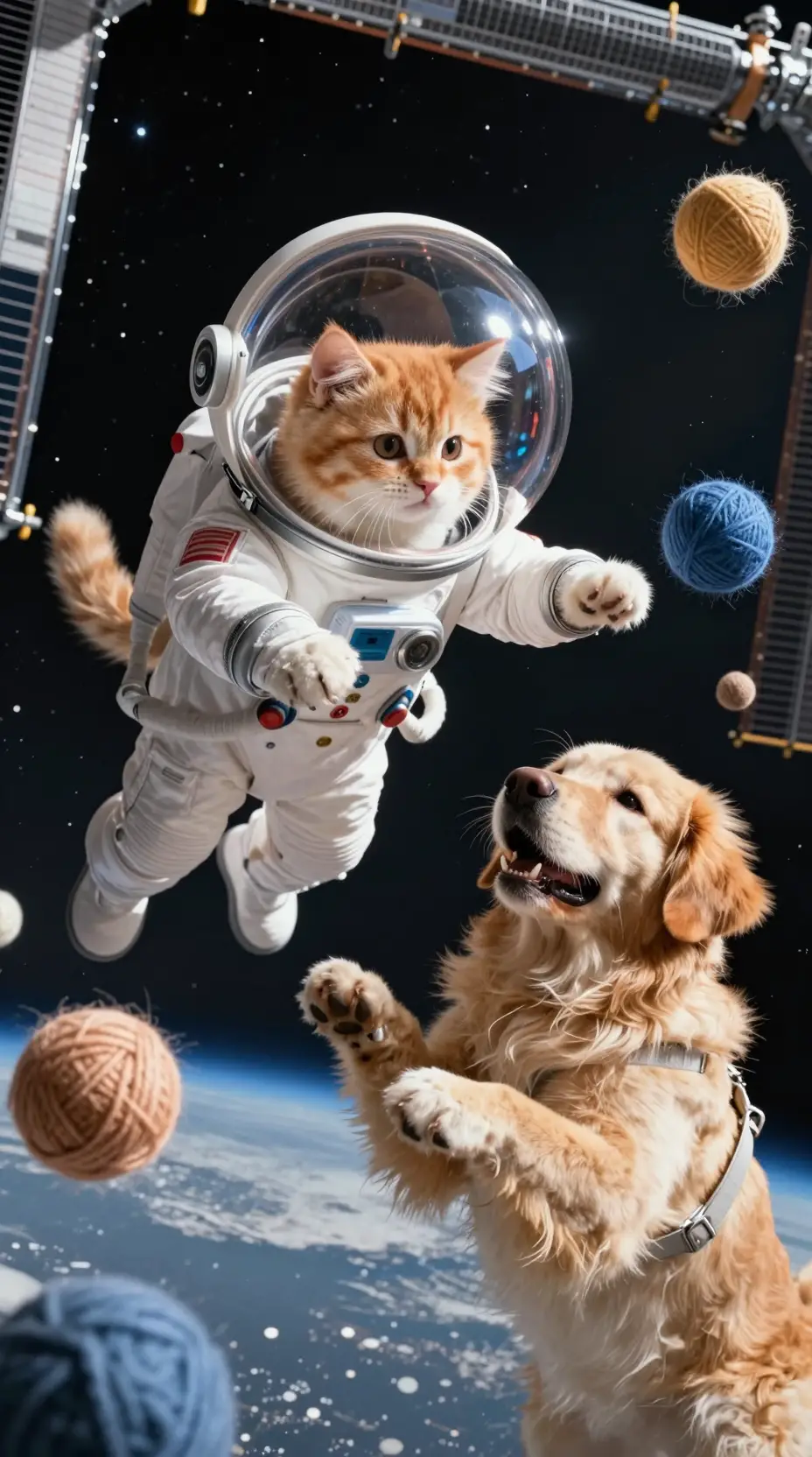 Chaton spatial joueur avec casque bulle et pelote flottante