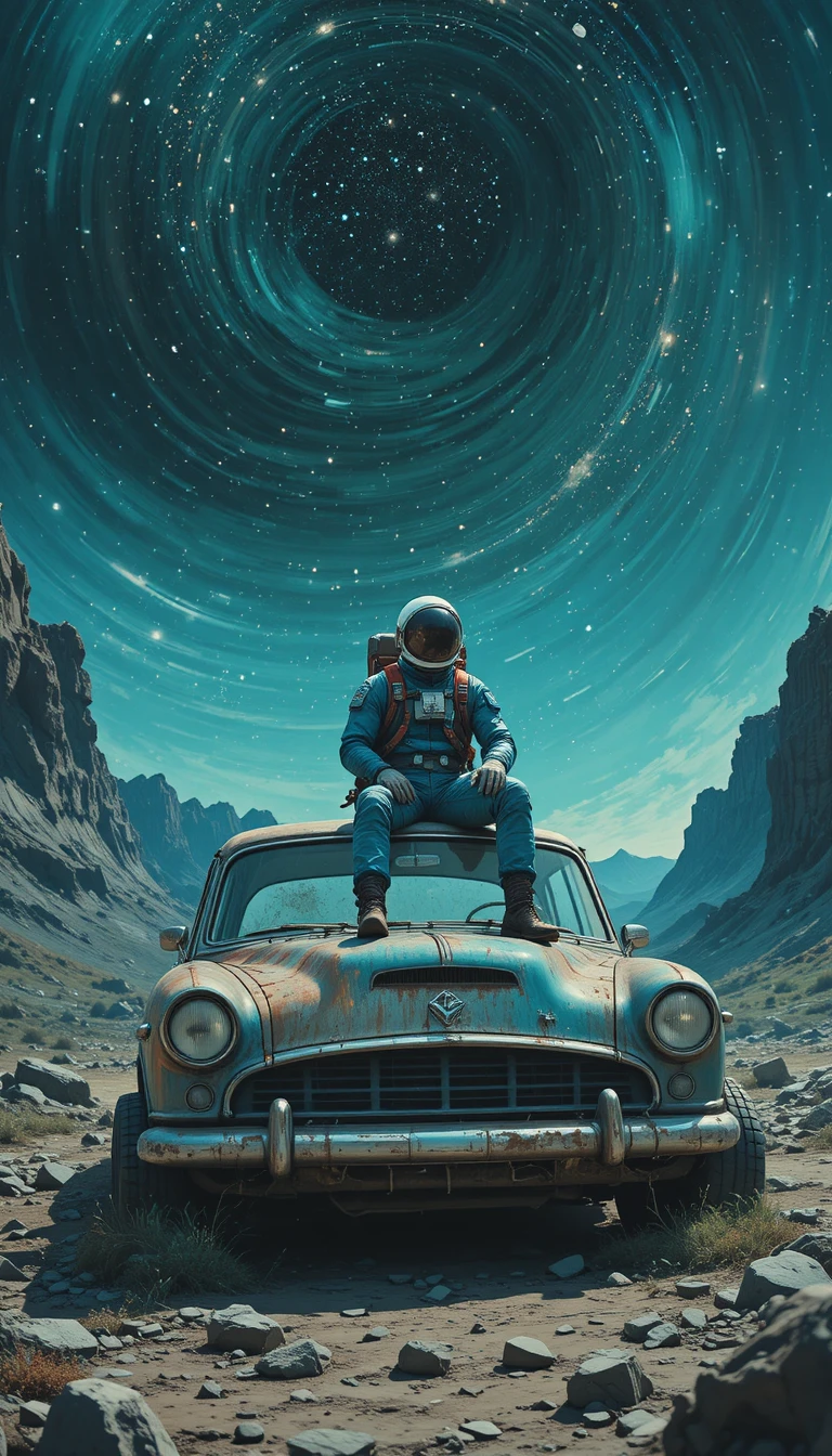Astronaut entspannt auf einem alten Auto unter einem kosmischen Himmel