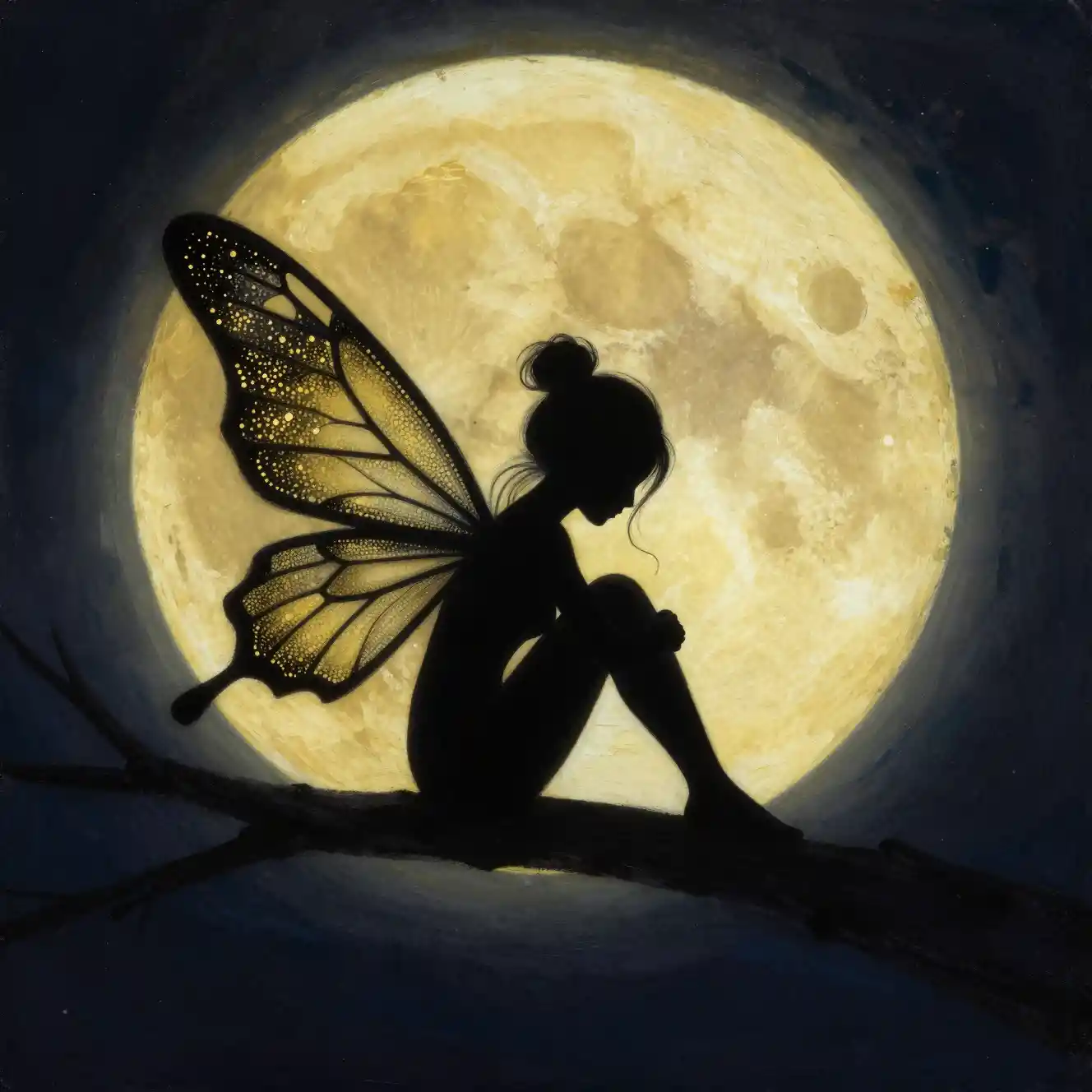 Silhouette de Fée Assise sous une Pleine Lune Lumineuse