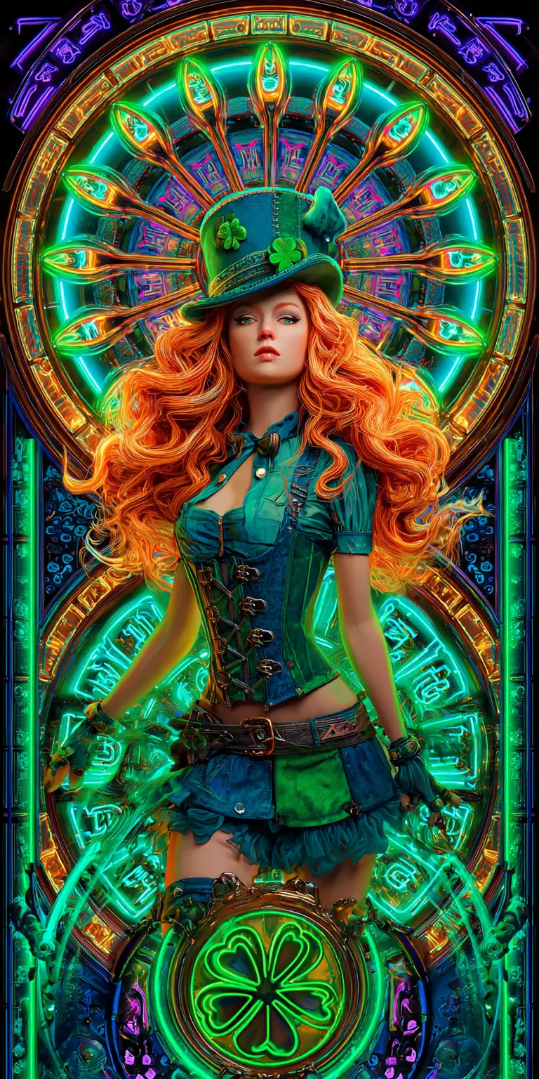 Whimsical female leprechaun with radiant starburst backdrop