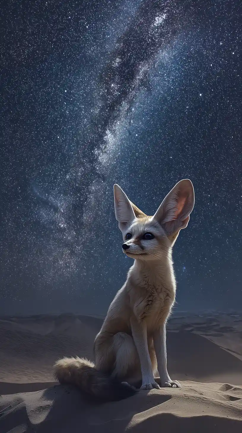 Raposa‑feneco em uma duna ao luar sob um céu desértico estrelado