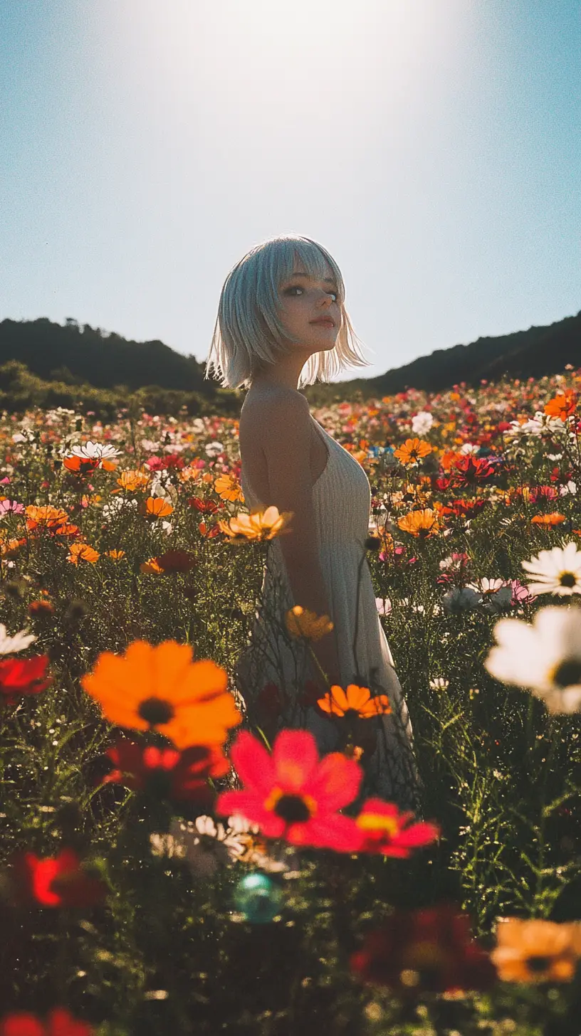 站在繽紛花海中的開朗動漫少女