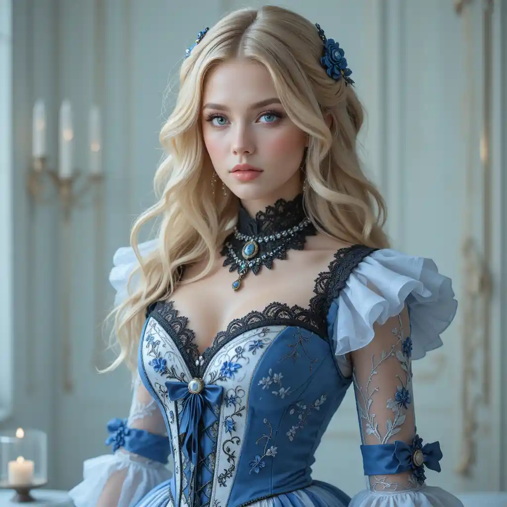 Stille Fantasy-Frau im blauen Gothic-Lolita-Kleid