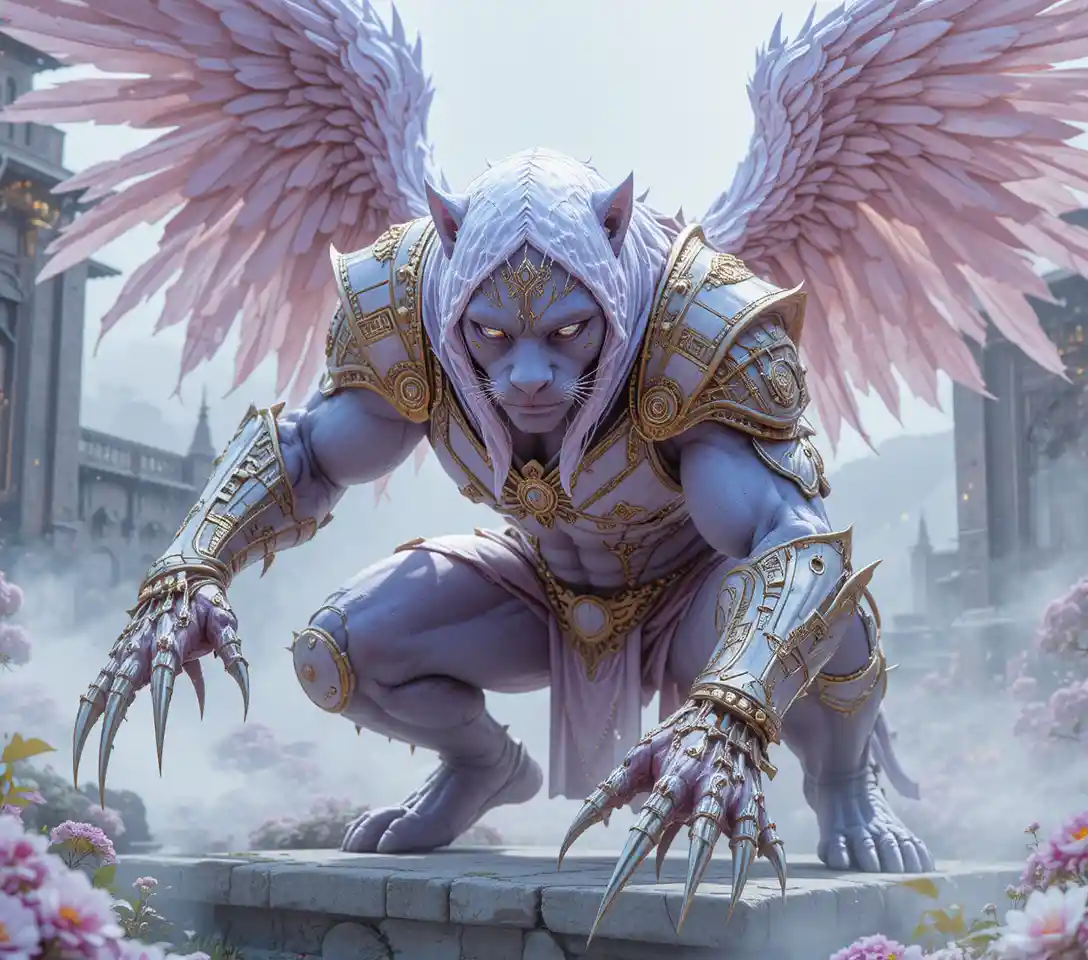 Winged purple panther warrior before a white fantasy palace