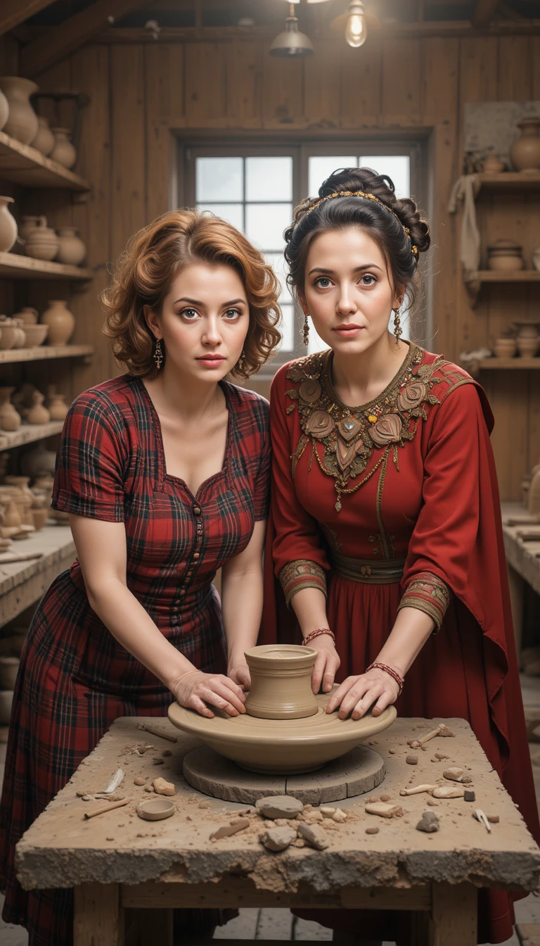 Two women shaping clay together in a rustic pottery workshop