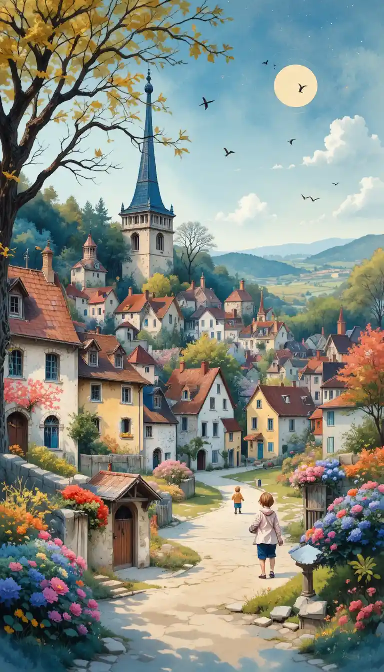 Playful watercolor illustration of a cozy French village scene