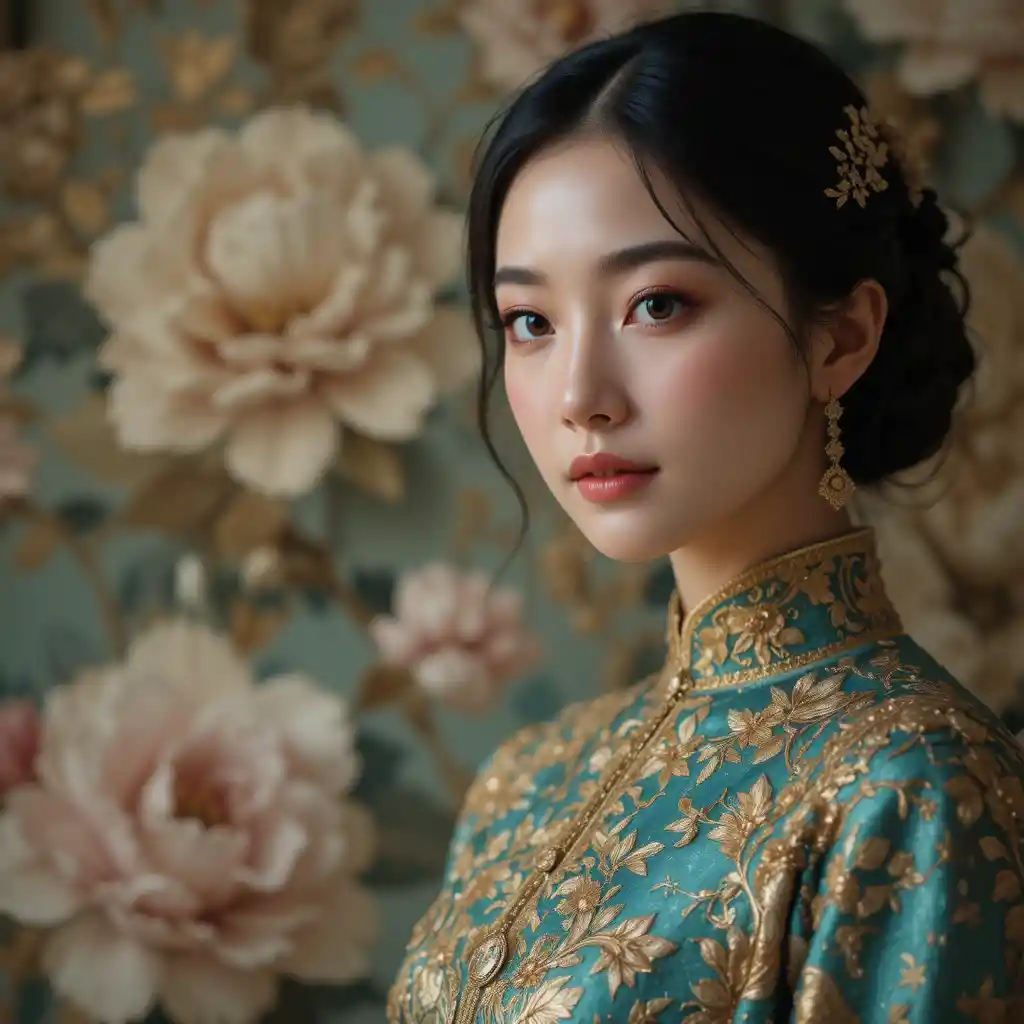 Woman in ornate gold and teal brocade dress portrait