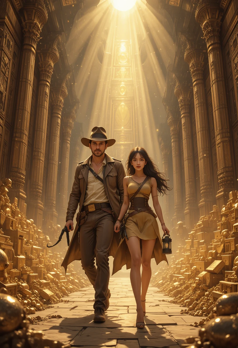 Aventureiros de anime em uma câmara de tesouros de um templo dourado