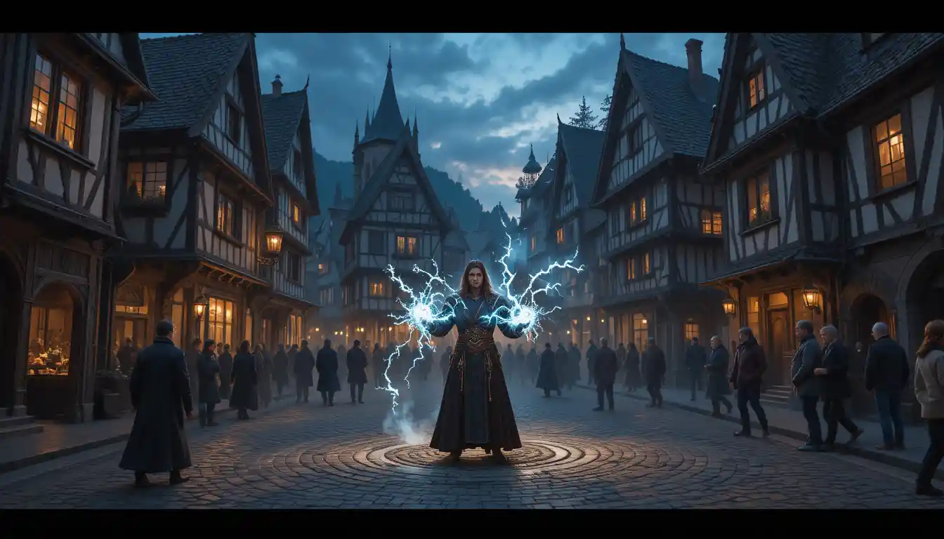 Mago che Lancia un Incantesimo nella Piazza di una Città Fantasy al Crepuscolo