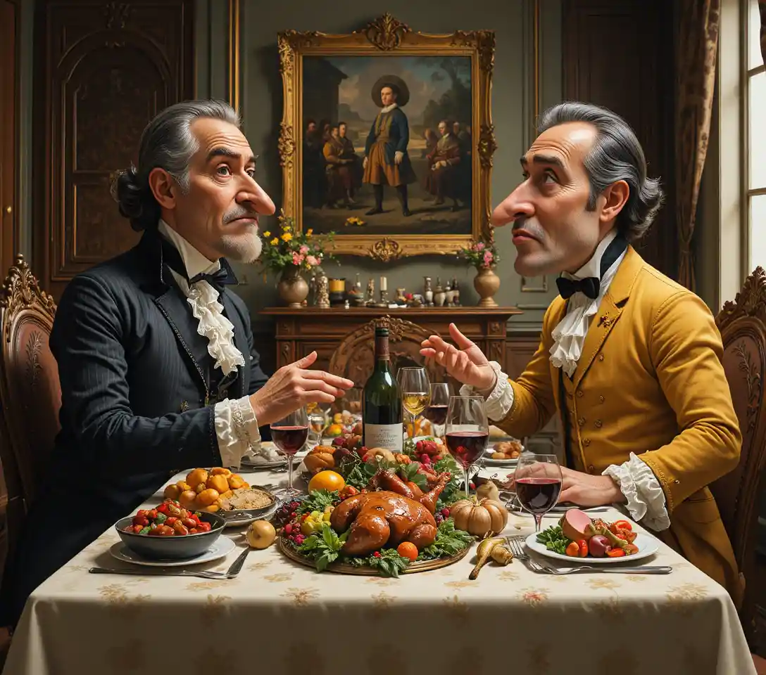 Two noblemen dining at an ornate historical feast table