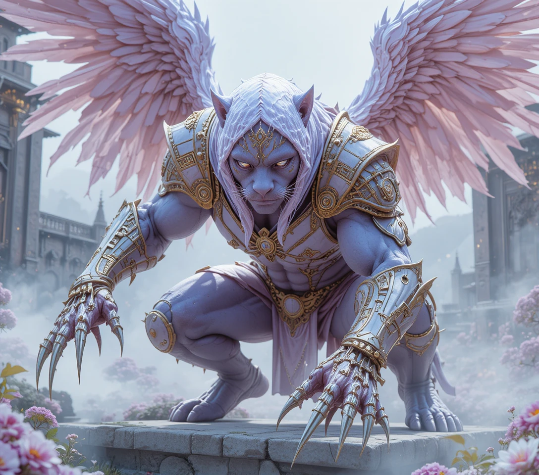 Winged purple panther warrior before a white fantasy palace