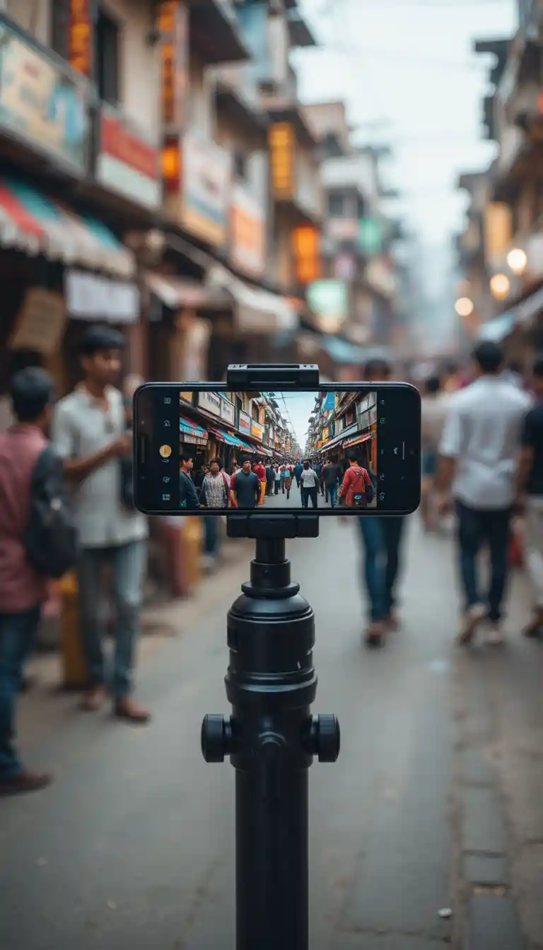 Macaco vlogger em um movimentado mercado de rua indiano