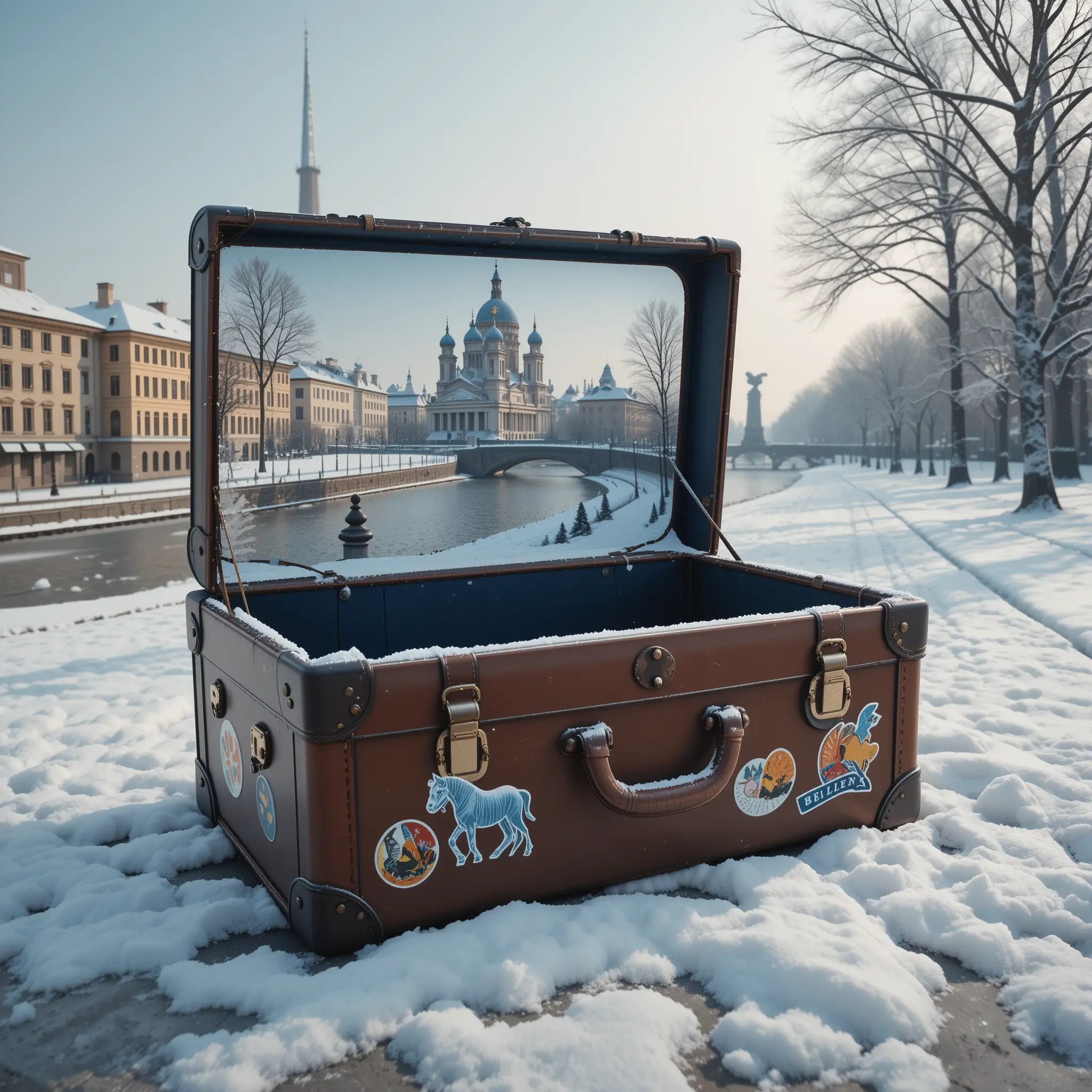 Valigia vintage nella neve con panorama di città invernale