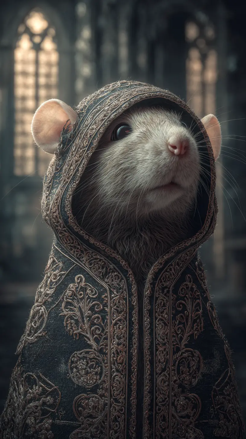 Rato fofo e peludo em moletom ornamentado – retrato de fantasia urbana