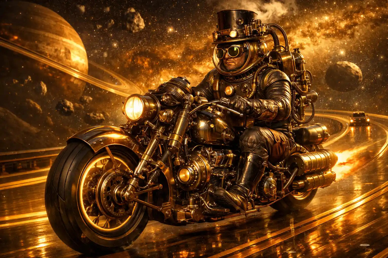 Motoqueiro steampunk acelera pela rodovia cósmica em luz dourada