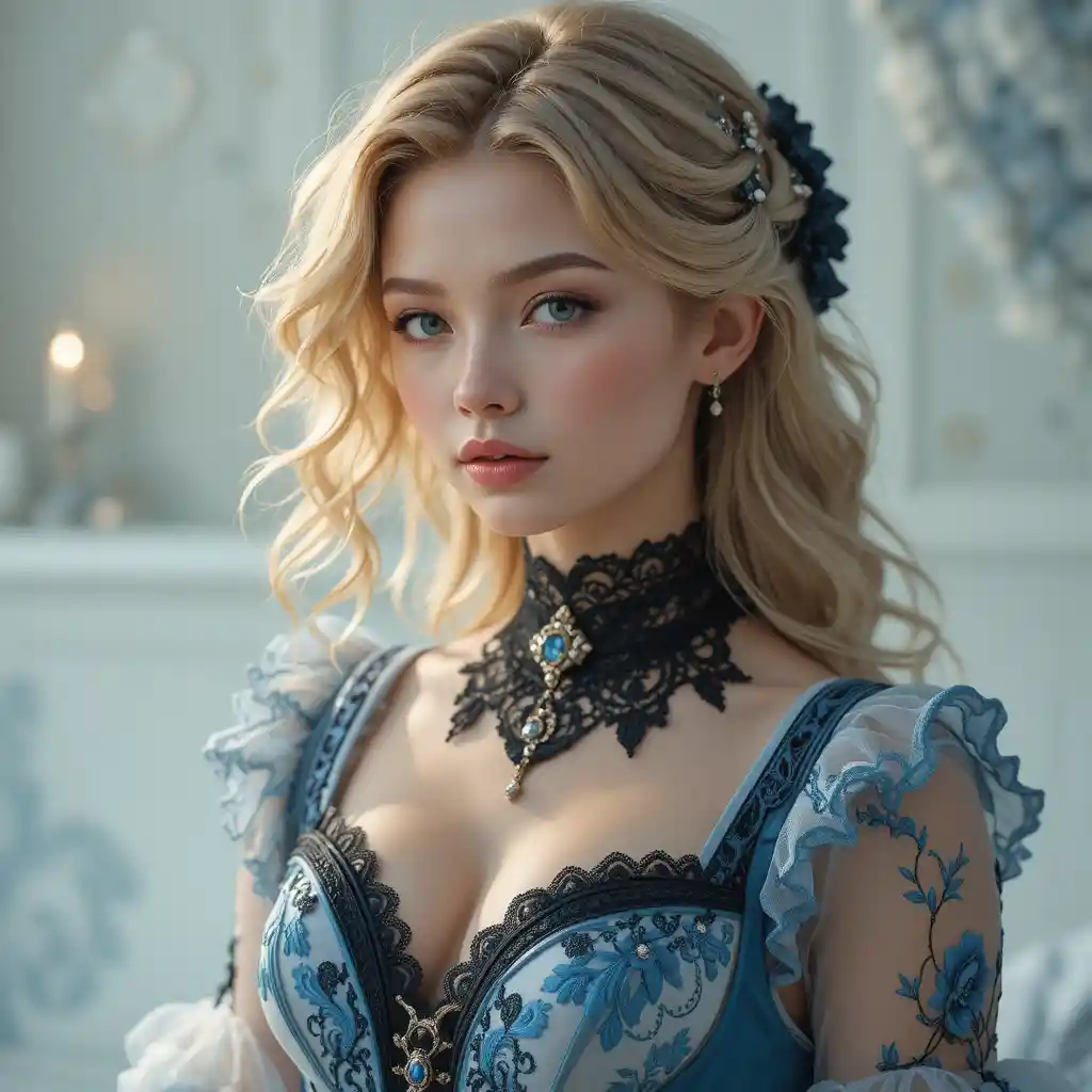 Elegant blonde woman in blue gothic lolita victorian gown