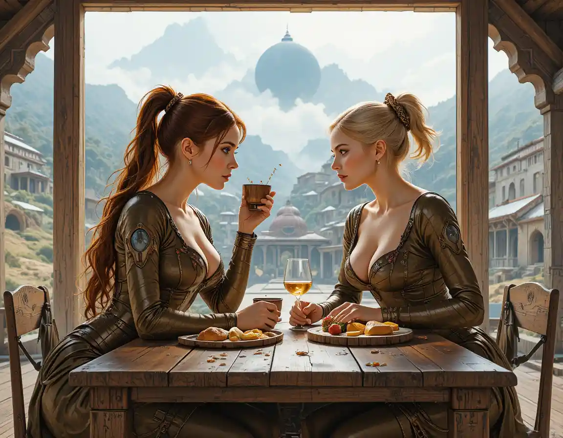 Duas mulheres compartilhando uma refeição rústica medieval à mesa