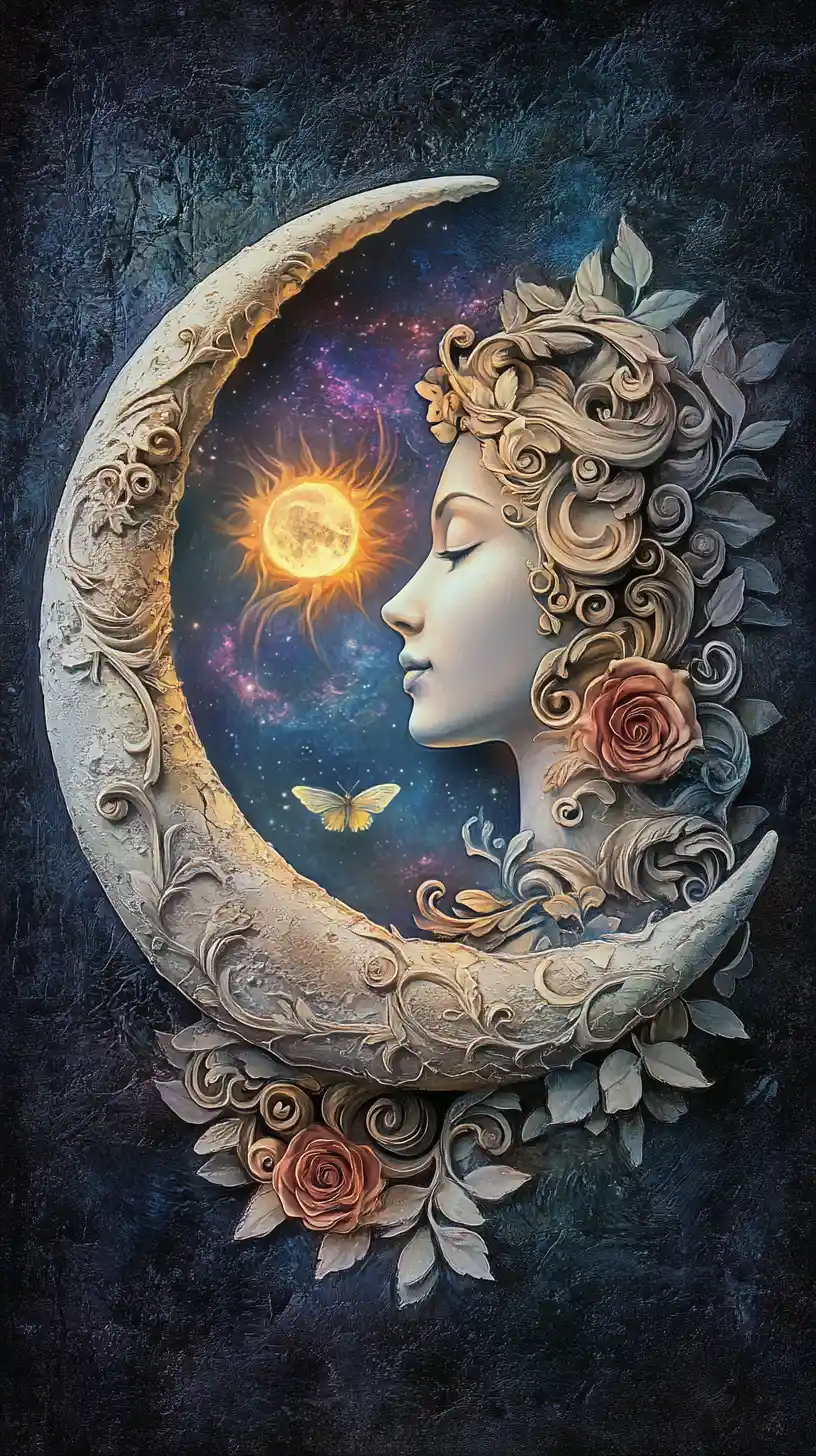 Lua crescente ornamentada com rosto em um céu floral celestial
