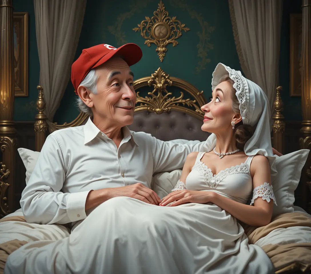 Elderly couple resting on a four poster bed in love