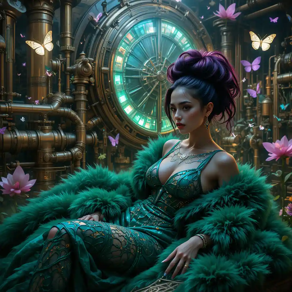 Futuristic fashion woman by a colossal clockwork engine