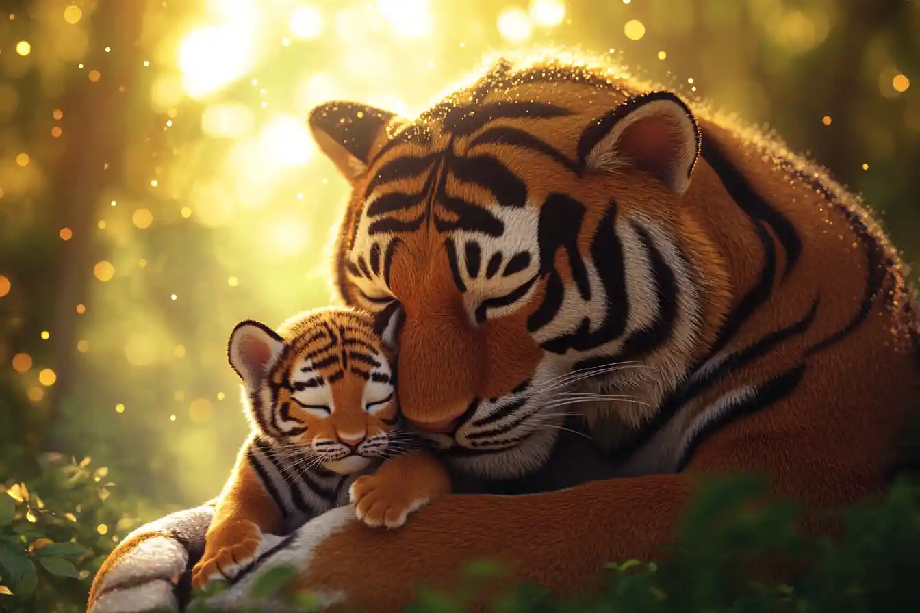 Tigre madre che coccola il cucciolo neonato nella calda luce della giungla