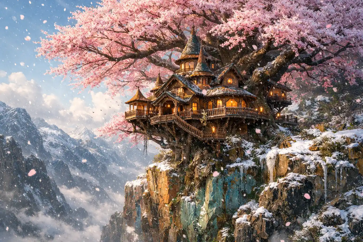 Casa sull'albero ornata in un gigantesco ciliegio rosa
