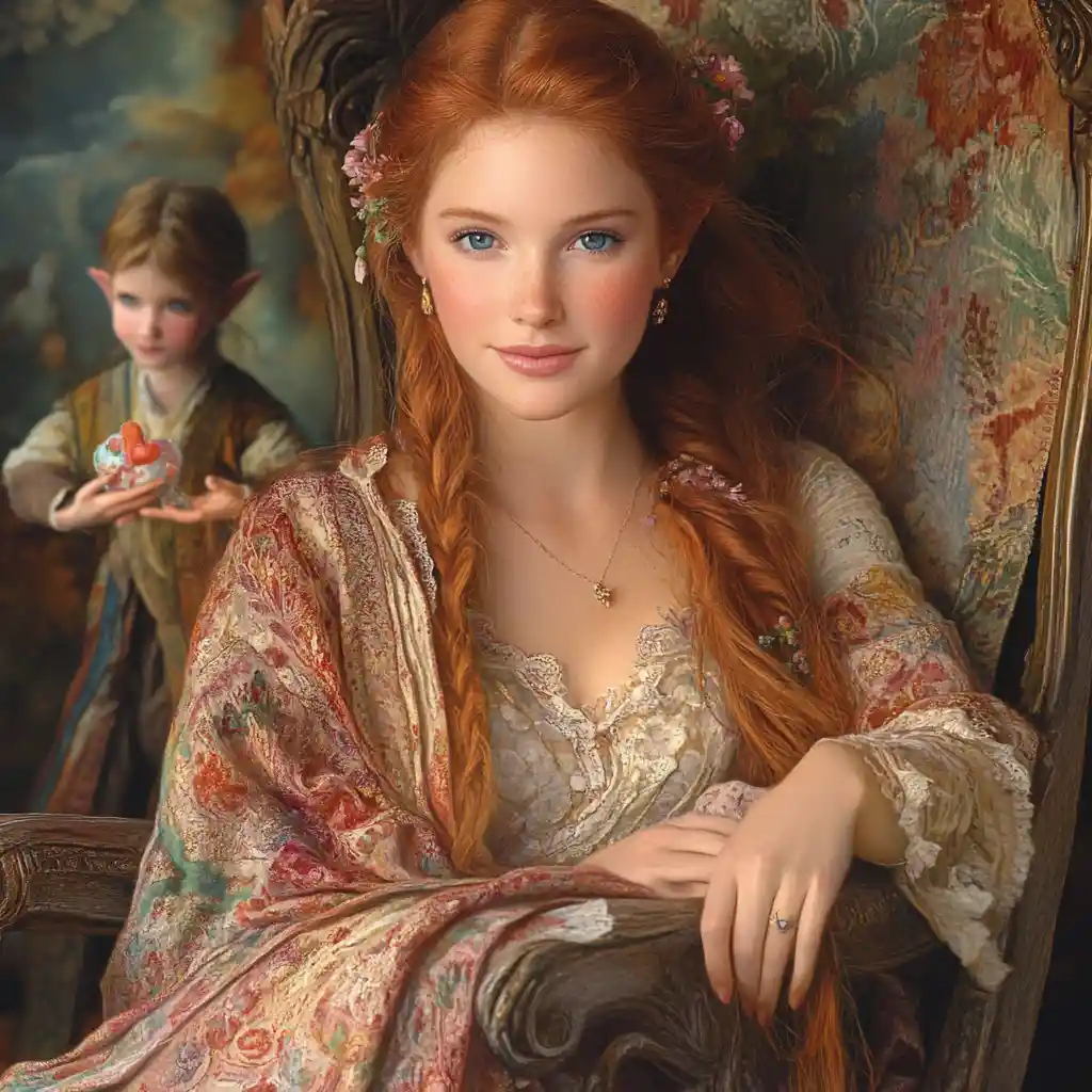 Smiling red haired girl with elf and heart gift