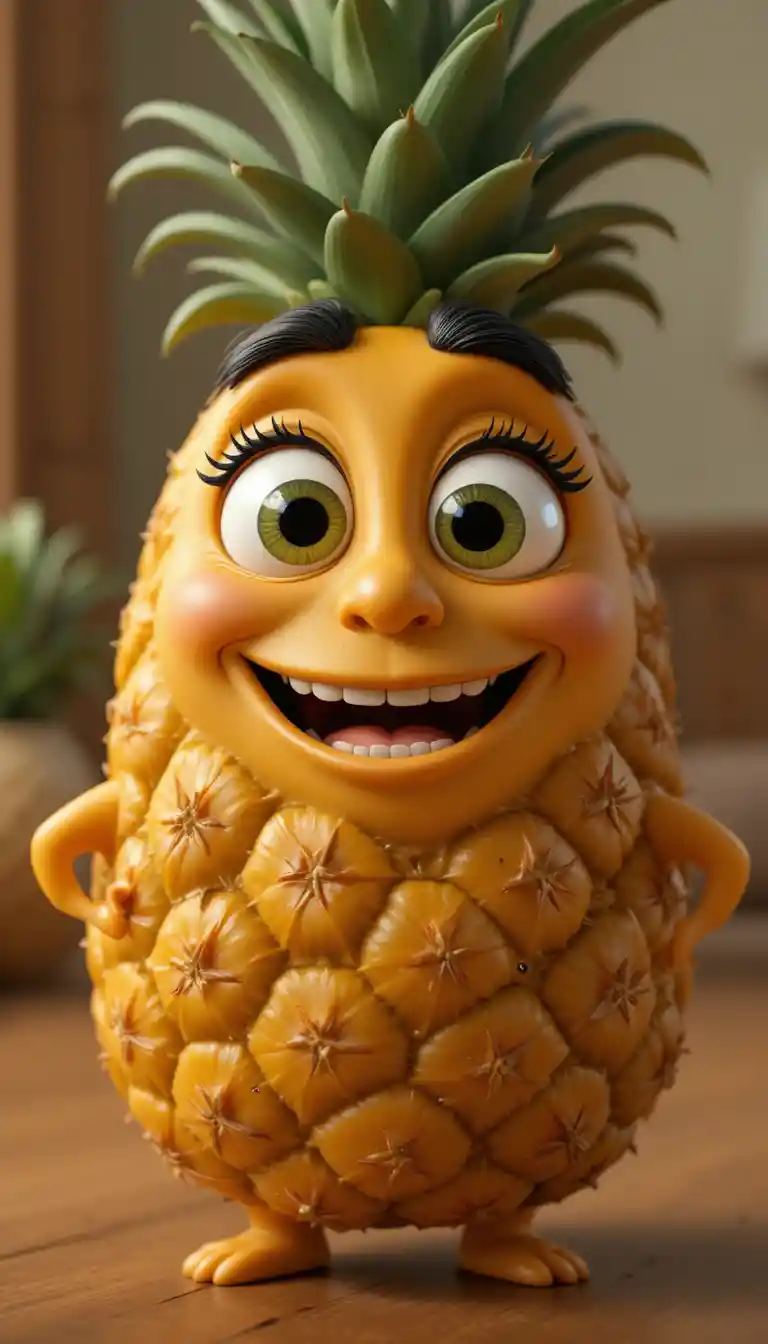 Niedlicher 3D-Ananas-Charakter mit großen ausdrucksstarken Augen
