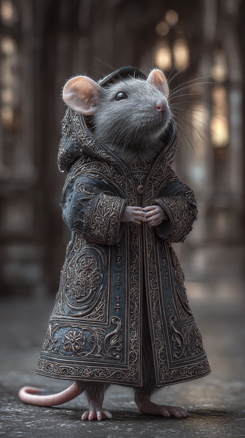 Adorable rat en hoodie orné dans une ville gothique de rêve