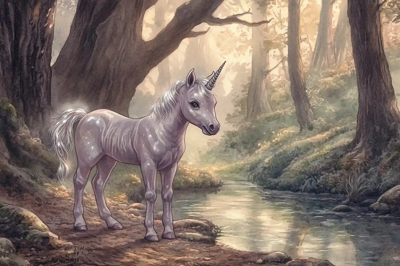 Baby unicorno accanto a un ruscello nel bosco al crepuscolo
