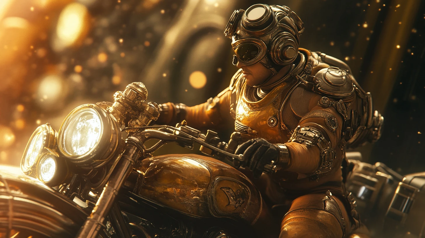 Motociclista steampunk correndo por uma rodovia cósmica em luz dourada