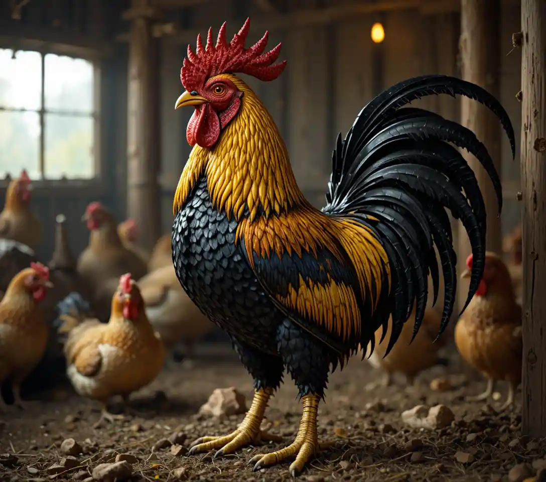 Maestoso gallo nero e dorato in un pollaio rustico