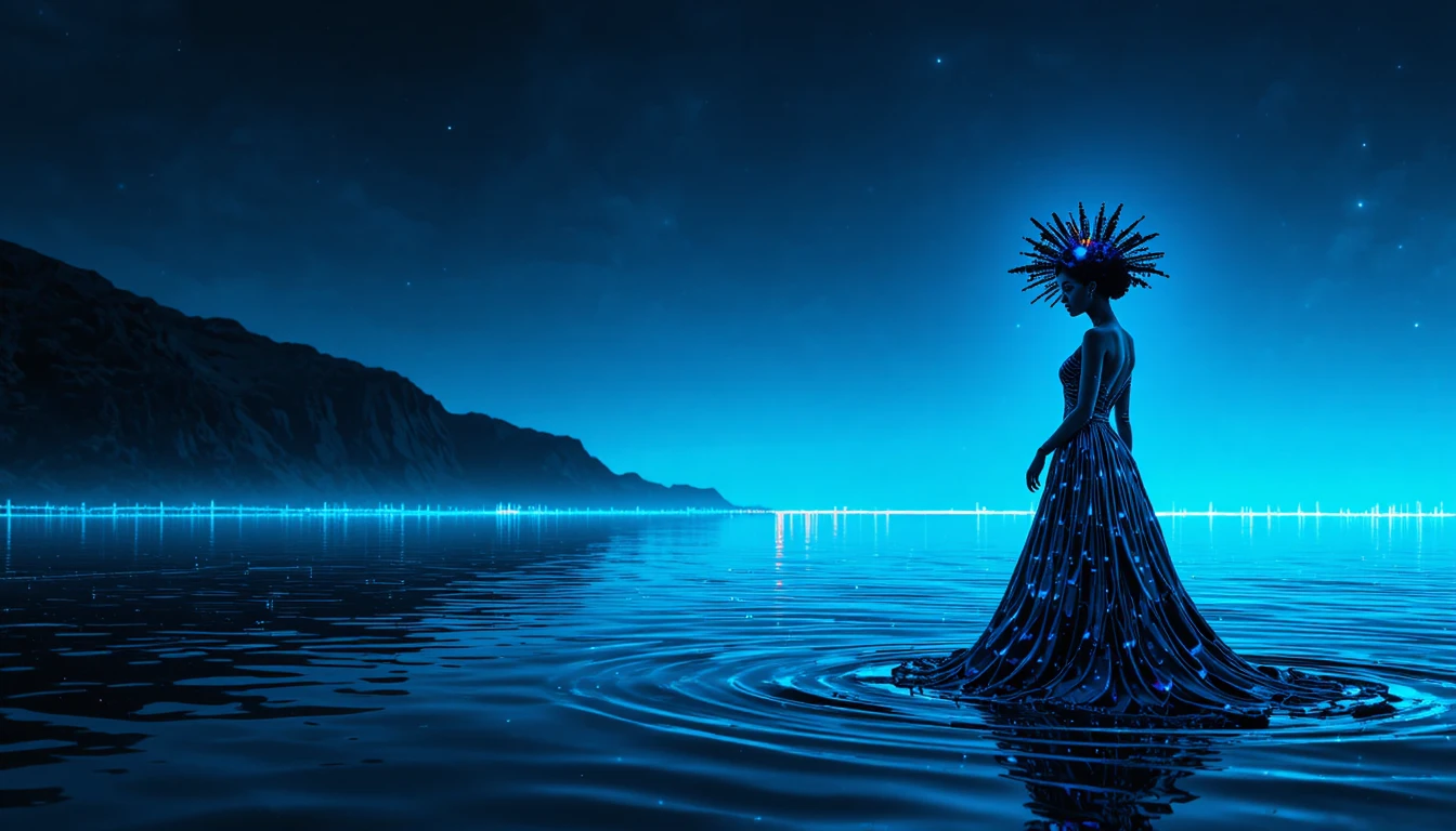 Paisagem marinha azul neon calma com silhueta escura da costa