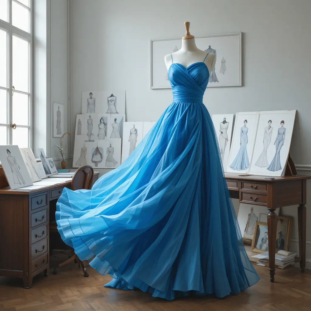Blue 3D dress on stand in studio room with sketches