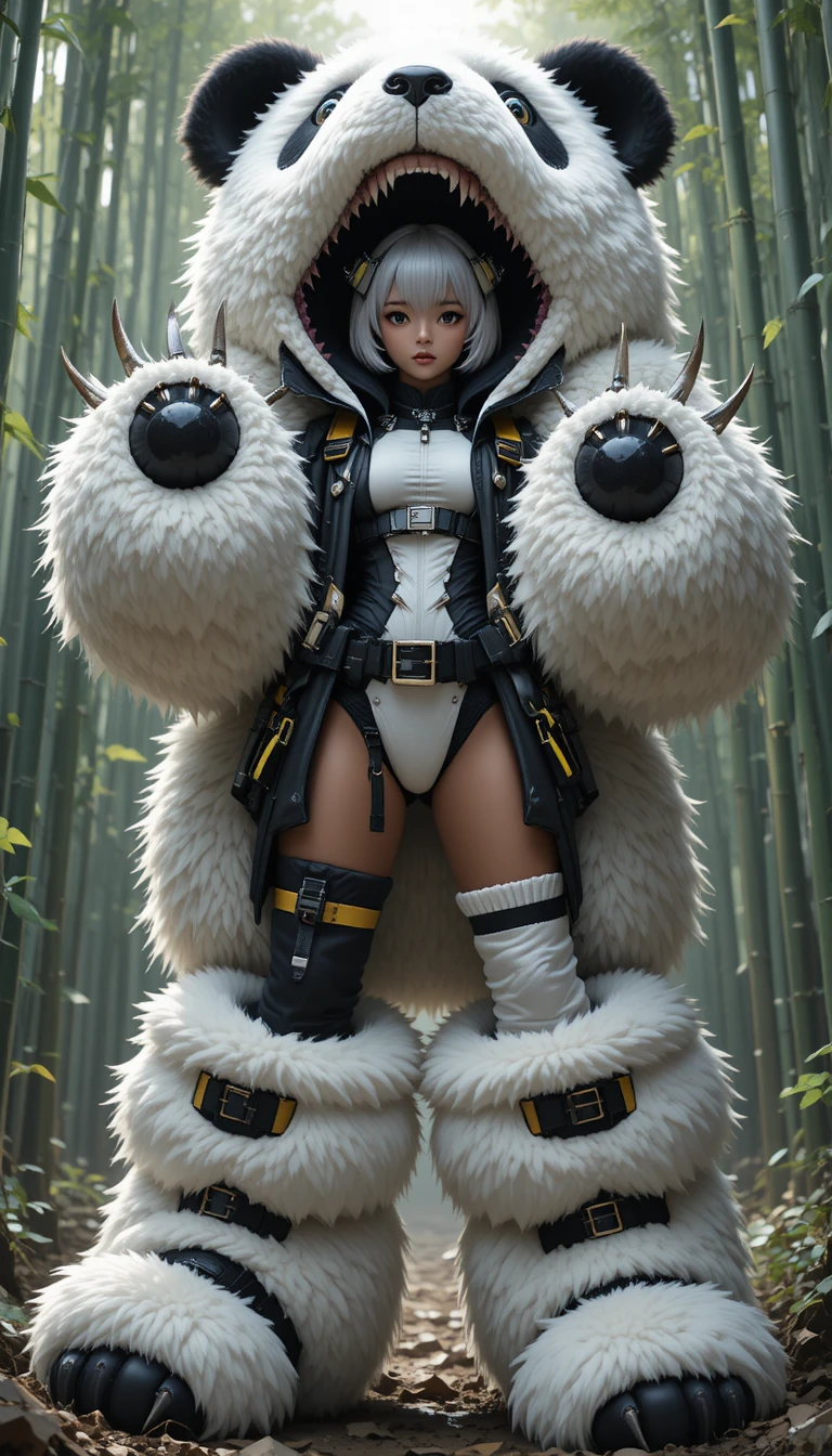 Close up of anime girl in panda fur outfit in bamboo