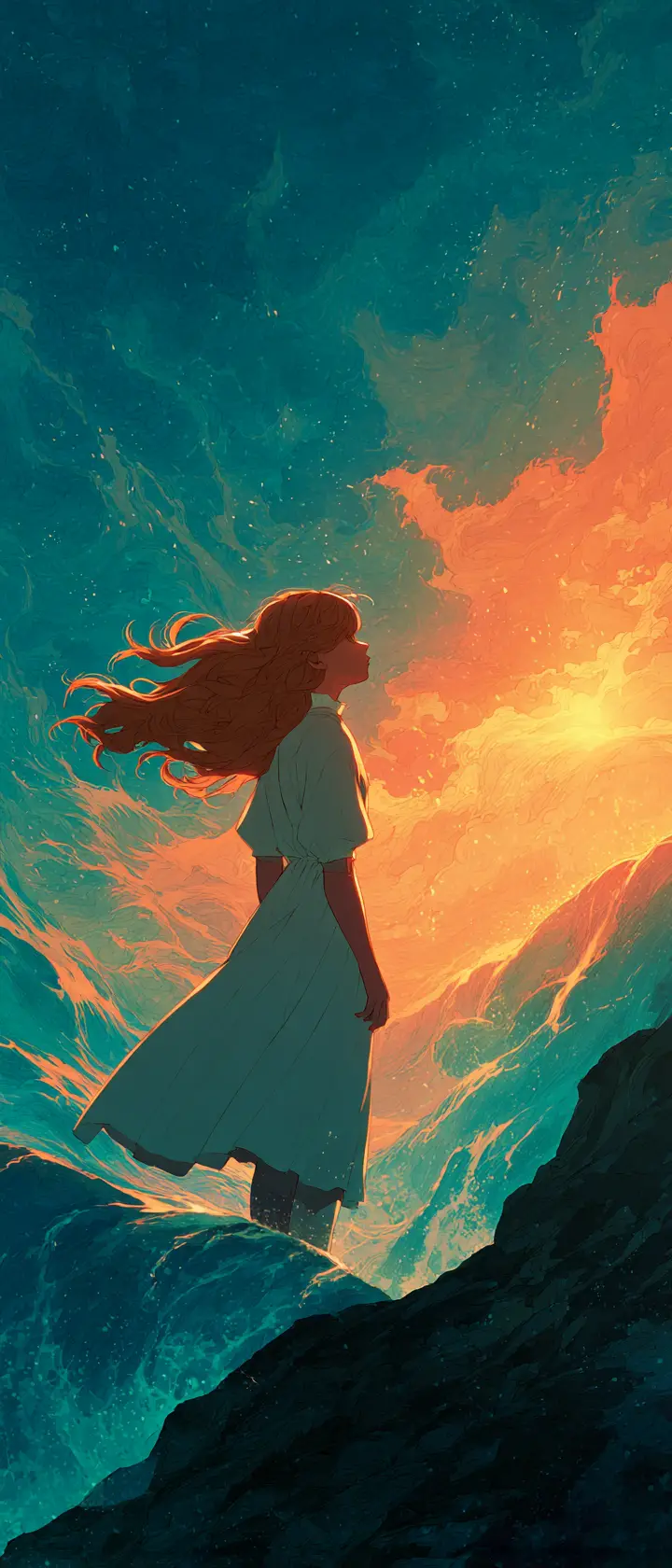 Anime-Mädchen bei Sonnenuntergang auf einsamer Meeresklippe