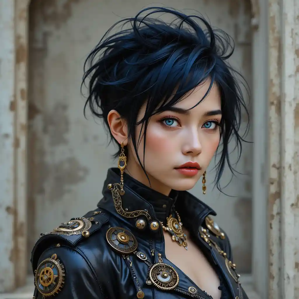 Edgy blue eyed girl in steampunk leather jacket portrait
